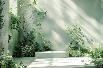 Greenery Theme empty backdrop and podium, A bright and airy botanical presentation featuring green plants on a white pedestal, with sunlight casting elegant shadows.