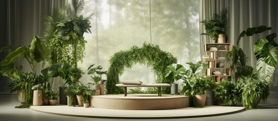 Product showcase with podium and greenery, spring-inspired design