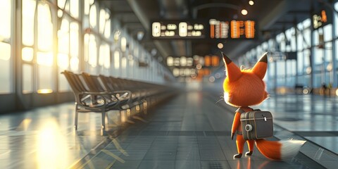 Photorealistic illustration with a sad tiny fox missed the bus. Banner. Copy space