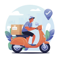 2d vector illustration A courier wearing a shirt is delivering a package mobile with location gps
