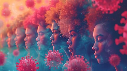 Color illustration of a series of female silhouettes with viruses, a visual image of the impact of the pandemic on society and the individual.
Concept: public health, psychological impact  - obrazy, fototapety, plakaty