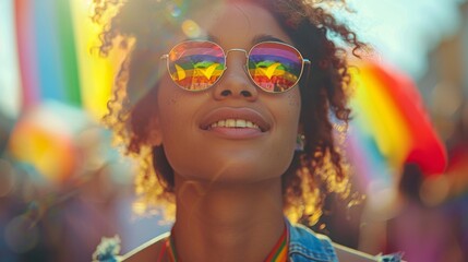 Naklejka premium Lively participant wearing sunglasses with rainbow reflections enjoys a vibrant pride celebration on a sunny day filled with colorful flags