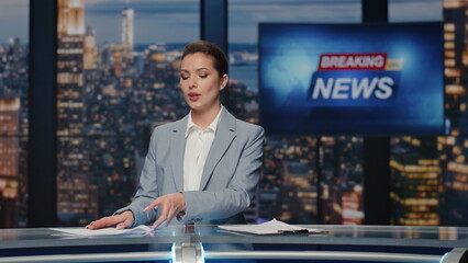 Charming journalist reporting events closeup. Lady newscaster ending live news 