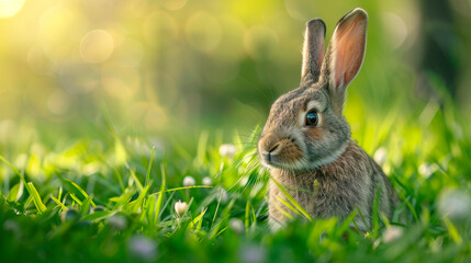 Fototapeta premium Bunny on green grass. Selective focus.