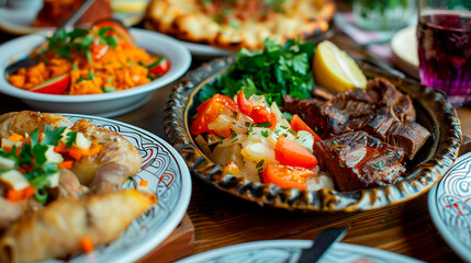 Georgian dishes on the table. Selective focus. - obrazy, fototapety, plakaty