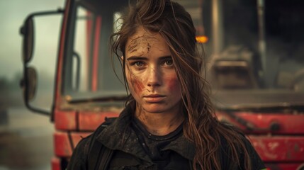 Closeup portrait of a tired female firefighter