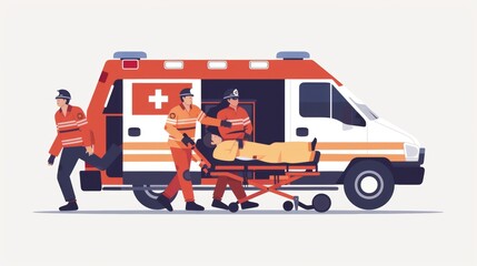 Vector illustration of ambulance and rescue team staff carrying stretcher with patient