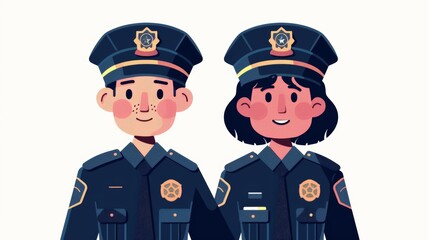 Vector illustration of cute cartoon male and female police officer character - obrazy, fototapety, plakaty