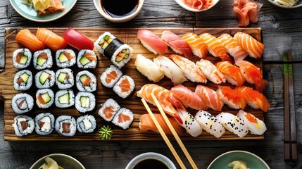 Fototapeta na wymiar Overhead Assortment of Sushi Delights