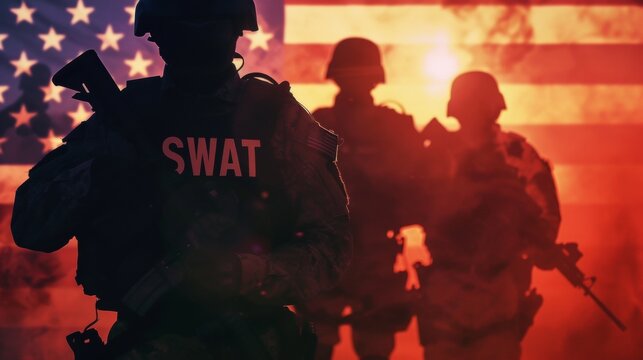 Special police force SWAT tactical team soldier with US national flag background