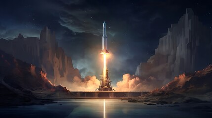 an otherworldly image of a SpaceX rocket against a backdrop of cosmic darkness, with the gleaming rocket becoming a beacon of human exploration , Attractive look - obrazy, fototapety, plakaty