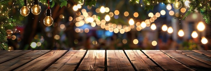 Front wooden plank table against a bright blurred cafe background with glowing street lanterns in...