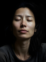 Fototapeta premium This is a black-and-white portrait of an Asian woman with her eyes closed.
