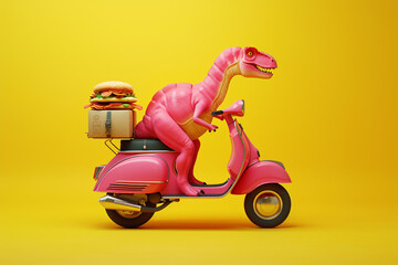 a dinosaur on a pink scooter