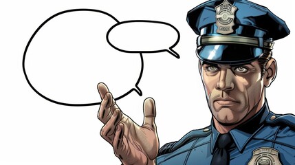 Vector illustration of police officer with hand gesture. Comic book.