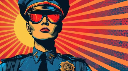 Vector illustration of female police officer. Comic book.