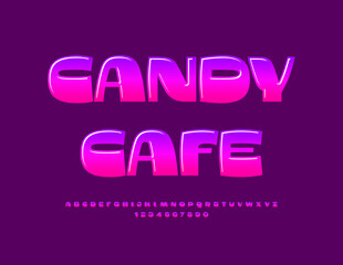 Vector sweet logo Candy Cafe. Beautiful Glossy Font. Artistic Alphabet Letters and Numbers set.