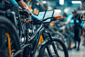 A close-up view of an electric bicycle being serviced at a specialized e-bike center, featuring a mechanic performing diagnostics or maintenance, with a blurred background of the shop environment - obrazy, fototapety, plakaty