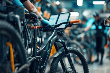 Fotobehang A close-up view of an electric bicycle being serviced at a specialized e-bike center, featuring a mechanic performing diagnostics or maintenance, with a blurred background of the shop environment © Alexandre Patchine