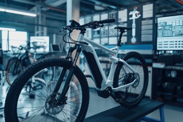A modern electric mountain bike showcased in a bike store with technical diagnostics and maintenance tools in the background, highlighting its sleek design and advanced technology.