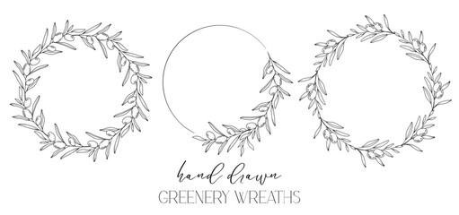 Hand drawn floral frame line art, Floral Wreath Greenery line drawing