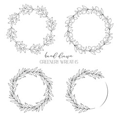Hand drawn floral frame line art, Floral Wreath Greenery line drawing