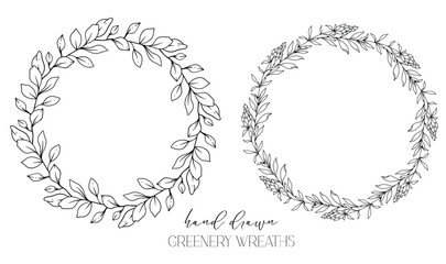 Hand drawn floral frame line art, Floral Wreath Greenery line drawing