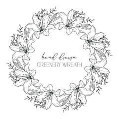 Hand drawn floral frame line art, Floral Wreath Greenery line drawing