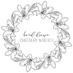 Hand drawn floral frame line art, Floral Wreath Greenery line drawing