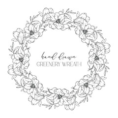 Hand drawn floral frame line art, Floral Wreath Greenery line drawing