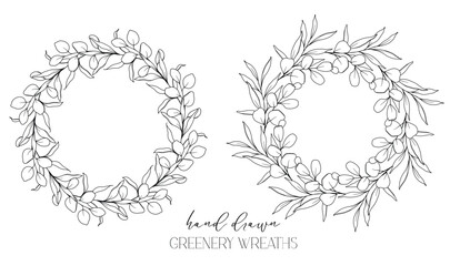 Hand drawn floral frame line art, Floral Wreath Greenery line drawing