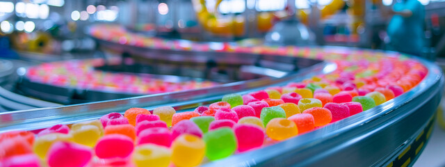 Jelly candy production tape at the factory. Selective focus. - obrazy, fototapety, plakaty
