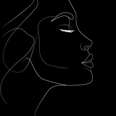 Abstract woman portrait for gift cards, posters, t-shirt print. One line drawing. Female face isolated on black background