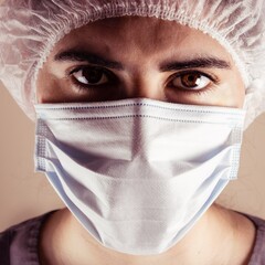 Portrait of the face of a young female doctor wearing a face mask and protective cap.