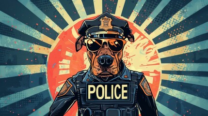 Vector illustration of police dog in uniform. Comic book.