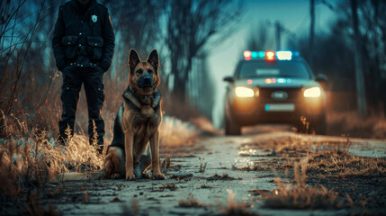 Portrait of a police dog on duty in a large city - obrazy, fototapety, plakaty