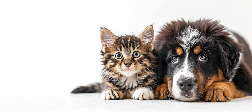 Friendship between a tabby cat and a dog, white background
