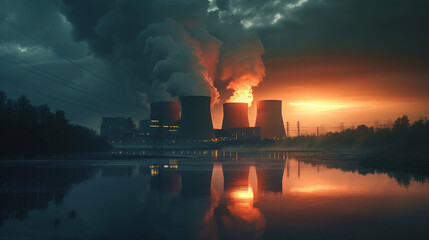 a nuclear power plant with smoke coming out of it - obrazy, fototapety, plakaty