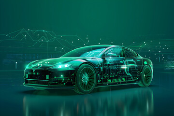 An electric vehicle with a dynamic silhouette, partially covered by an opaque overlay of green tech symbols, against a lime green background.