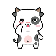 Cute Cartoon Cow Character, Act of pulling down one lower eyelid and sticking out the tongue, Flat design style