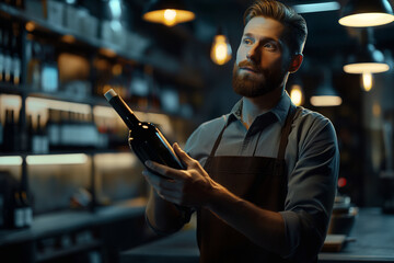 Wine merchant in supermarket, sommelier consultant professional wearing apron showing a bottle of wine, advising. Red wine tasting, degustation, liquor store on background. Choosing wine at the cellar
