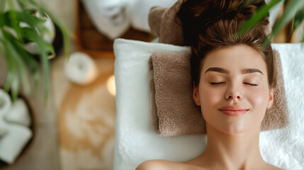 Beautiful young woman relaxing and enjoying massage in cosmetology spa center. Beauty treatment, skin care, wellbeing. Woman with closed eyes smiling, spa procedure. Professional cure and treatment