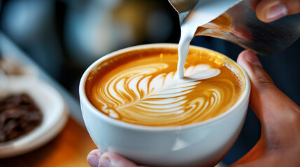 Professional barista pouring a steamed milk into a coffee cup making a latte art, closeup. Freshly brewed coffee with latte art in coffee shop. Delicious cup of cappuccino or a flat white
