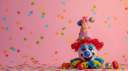 Cheerful clown on a pink background, April fool's day