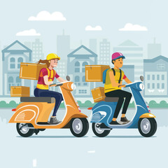 2d vector illustration A courier wearing a shirt is delivering a package mobile with location gps
