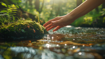 Hand touching water in a forest stream - obrazy, fototapety, plakaty