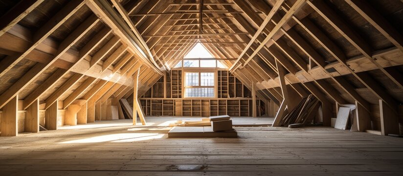 New attic construction with unfinished wooden roof structure.