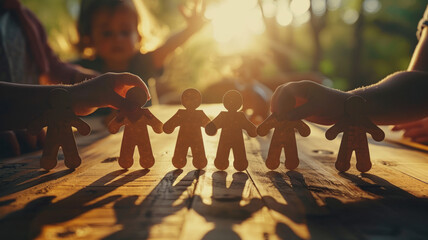 Image of hands joining paper dolls in a row at sunset. - obrazy, fototapety, plakaty