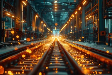 Illuminated railway tracks with sparks flying in an industrial workshop during a nighttime work session