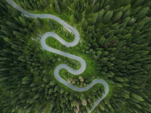 Aerial view of serpentine road in Dolomites 
